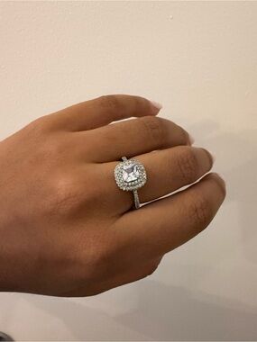 Diamond Halo Cushion Engagement Ring - Silver Tone (Costume Jewelry)